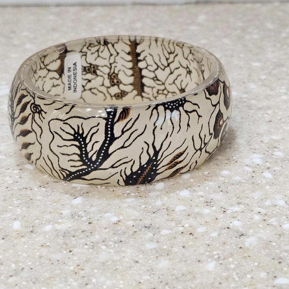 Bangle Bracelet Indonesian, clear acrylic/ resin base with a batik-inspired